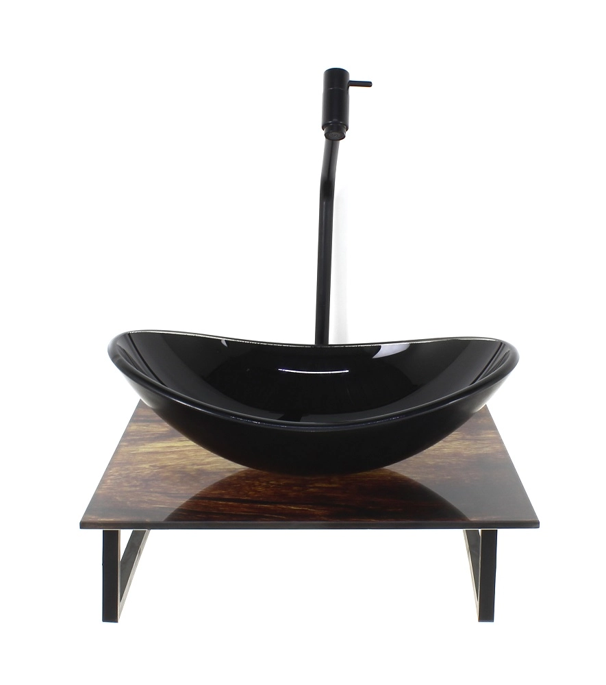 Kit Cuba De Vidro Oval 10mm Com Tampo De Vidro 40cm X 40cm Madeira Rustica E Suporte Preto