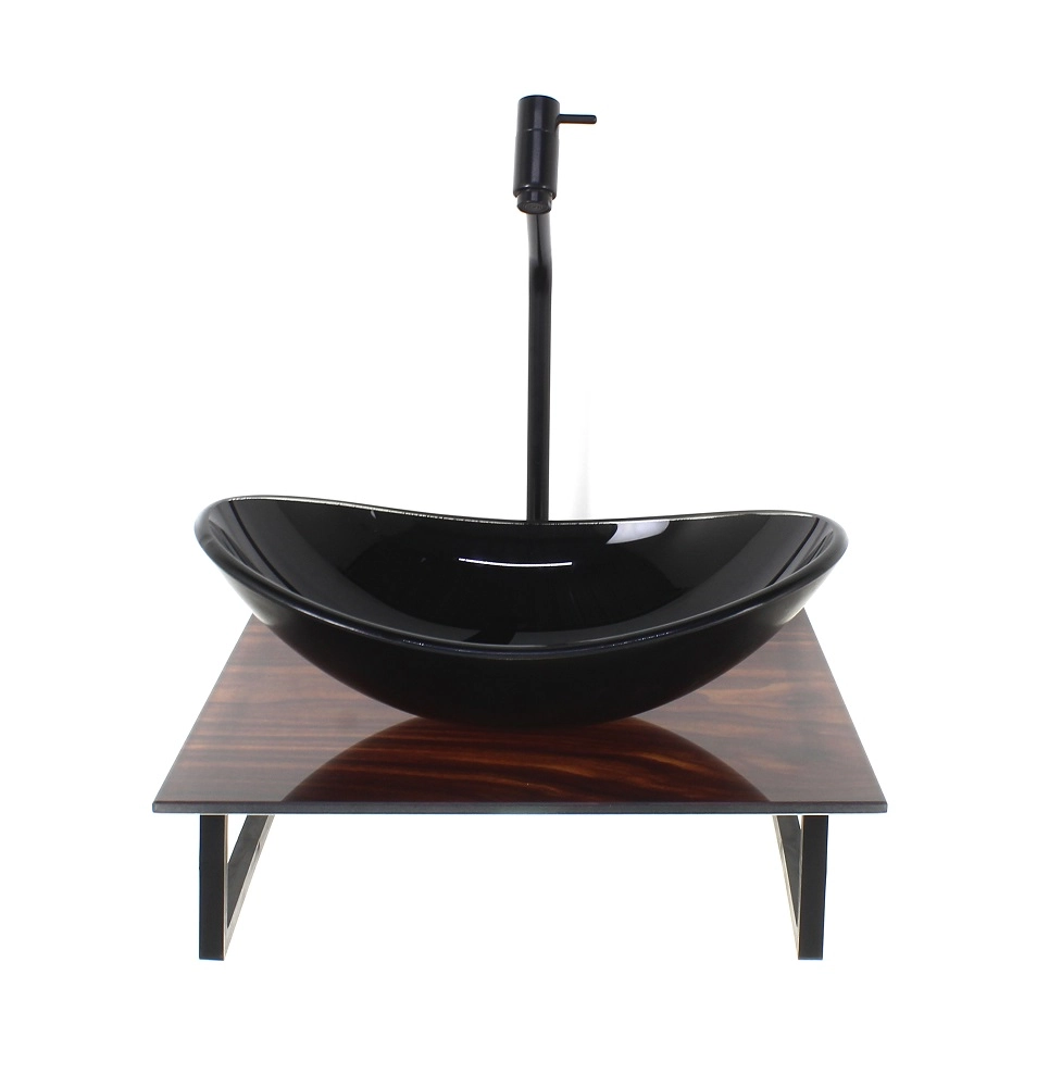Kit Cuba De Vidro Oval 10mm Com Tampo De Vidro 40cm X 40cm Madeira Nogueira E Suporte Preto