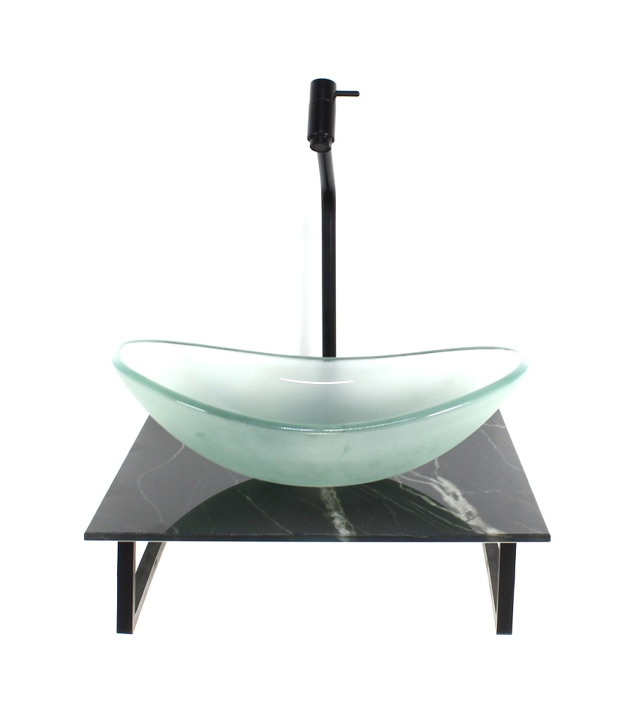 Kit Cuba De Vidro Oval 10mm Jateada Com Tampo De Vidro 40cm X 40cm Mármore Preto E Suporte Preto