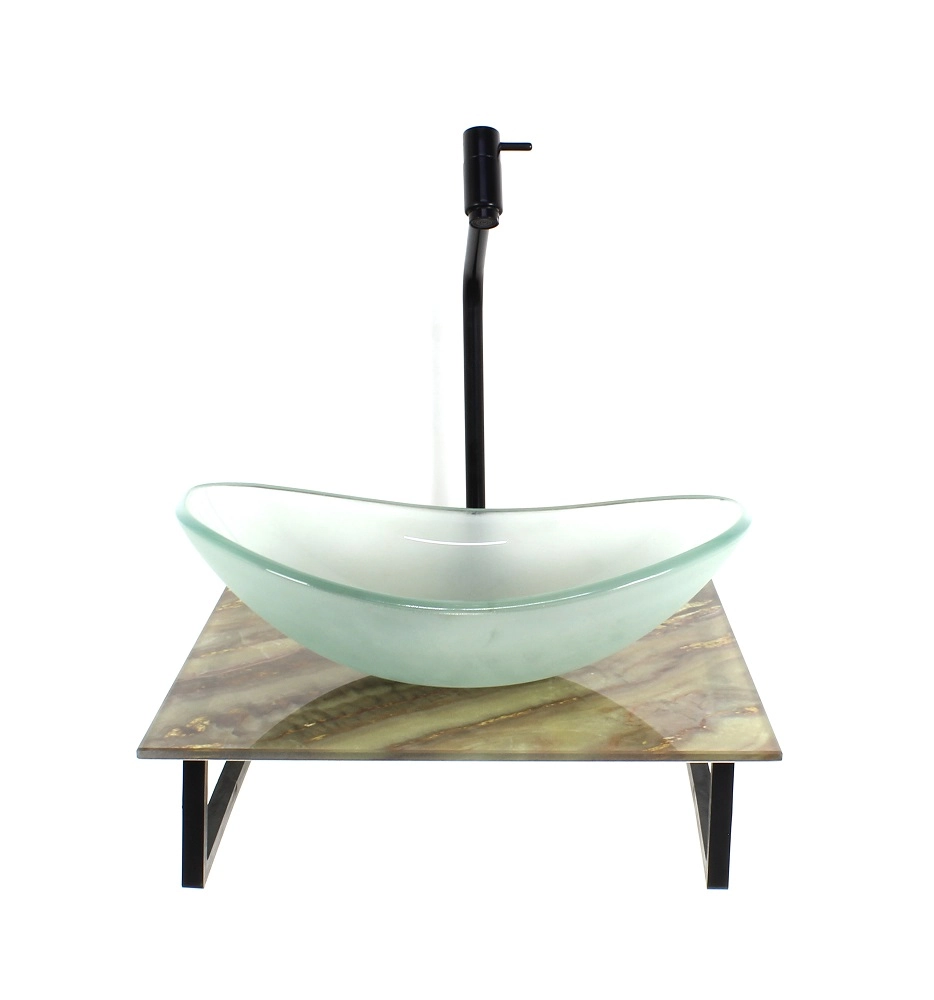 Kit Cuba De Vidro Oval 10mm Jateada Com Tampo De Vidro 40cm X 40cm Mármore Marfim E Suporte Preto