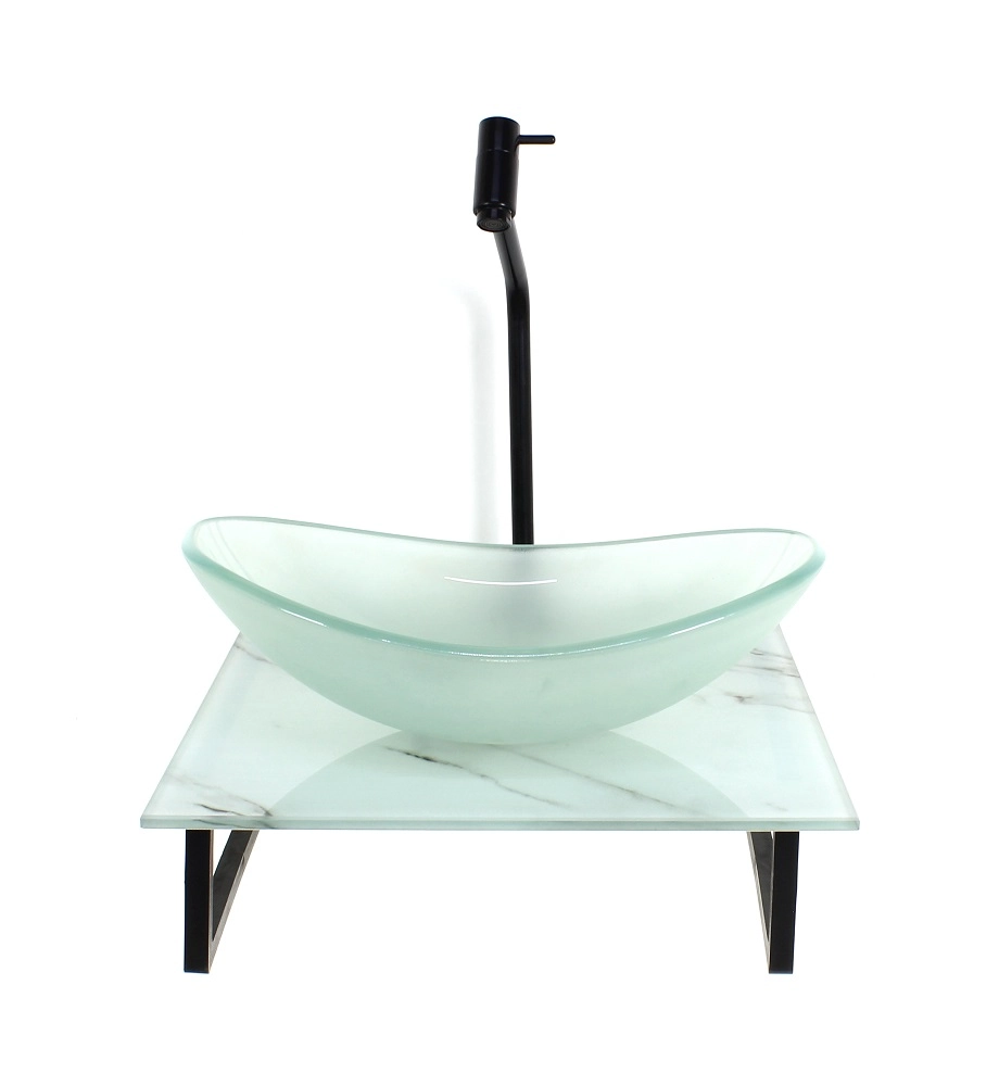 Kit Cuba De Vidro Oval 10mm Jateada Com Tampo De Vidro 40cm X 40cm Mármore Branco E Suporte Preto