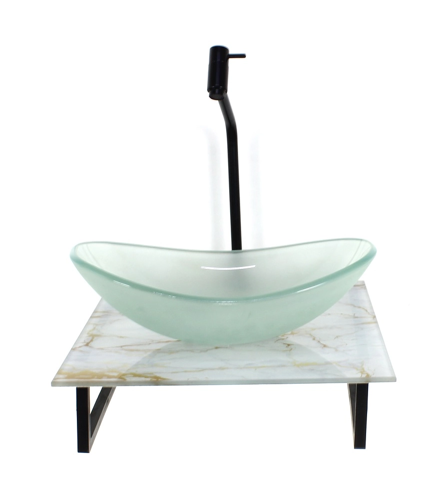 Kit Cuba De Vidro Oval 10mm Jateada Com Tampo De Vidro 40cm X 40cm Mármore Branco Dourado E Suporte Preto