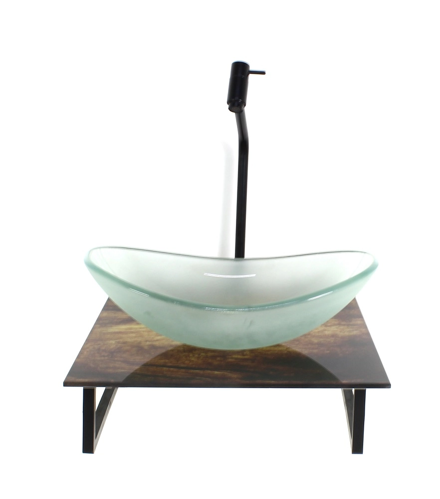 Kit Cuba De Vidro Oval 10mm Jateada Com Tampo De Vidro 40cm X 40cm Madeira Rustica E Suporte Preto