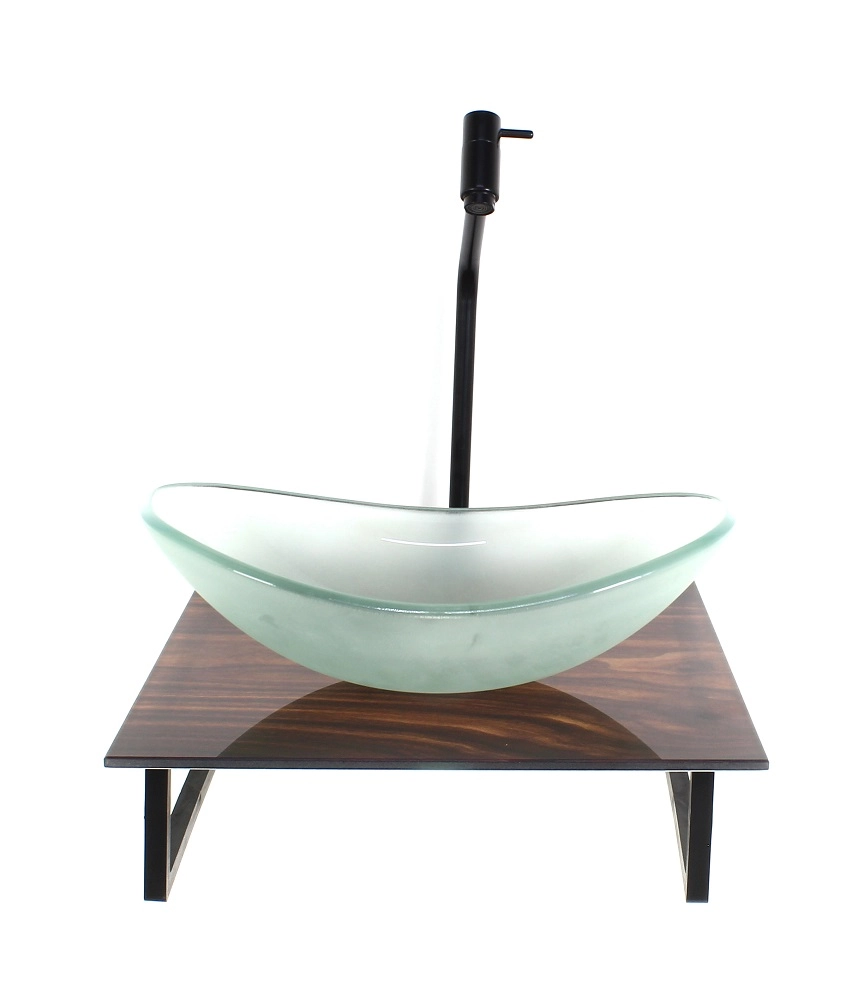 Kit Cuba De Vidro Oval 10mm Jateada Com Tampo De Vidro 40cm X 40cm Madeira Nogueira E Suporte Preto
