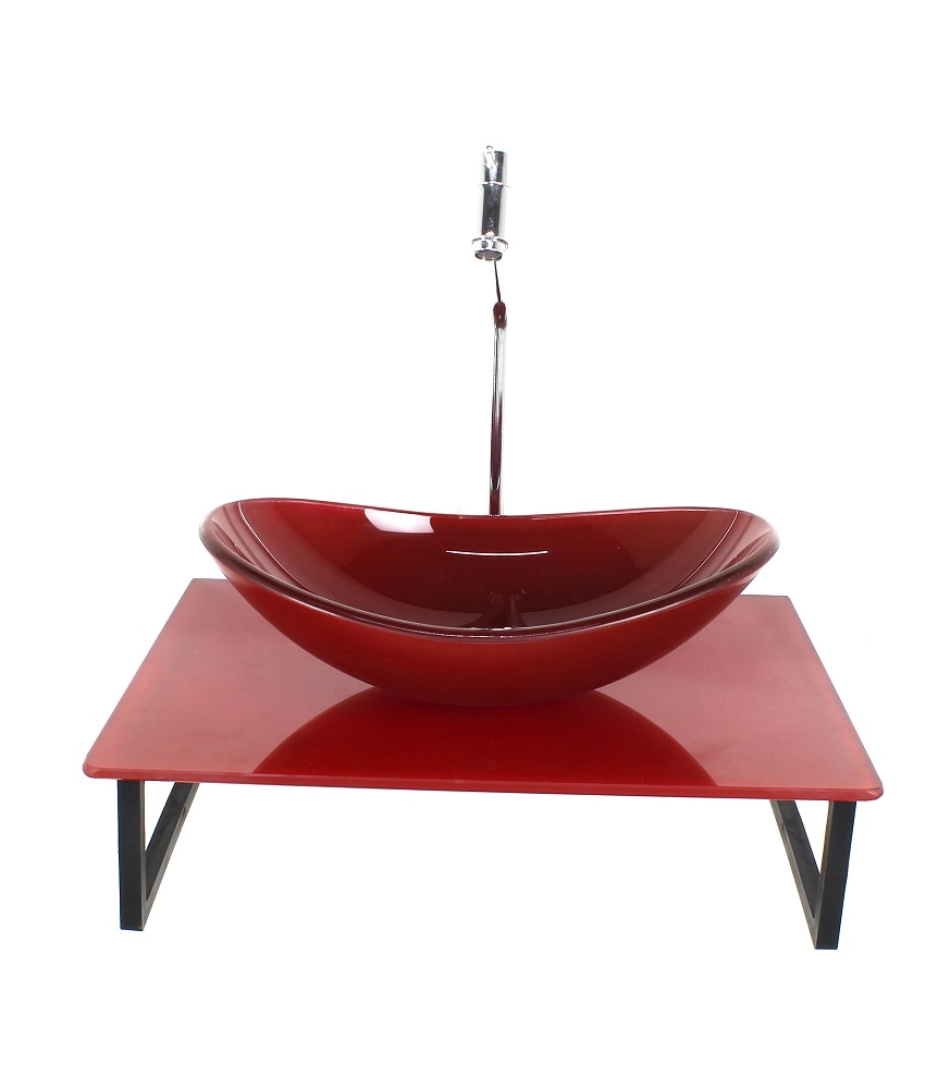 Kit Cuba De Vidro Oval 10mm Com Tampo De Vidro 40cm X 40cm Vermelho Cereja Full E Suporte Torneira Valvula
