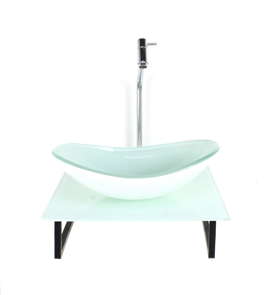 Kit Cuba De Vidro Oval 10mm Com Tampo De Vidro 40cm X 40cm Branco Full E Suporte Torneira Valvula