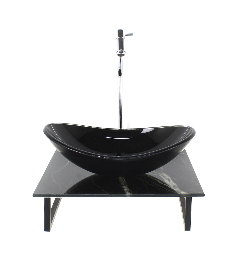 Kit Cuba De Vidro Oval 10mm Com Tampo De Vidro 40cm X 40cm Mármore Preto E Suporte Torneira Valvula