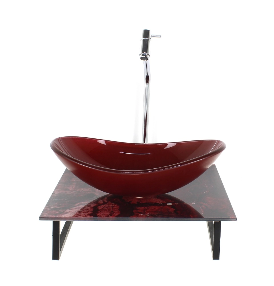 Kit Cuba De Vidro Oval 10mm Com Tampo De Vidro 40cm X 40cm Mármore Avermelhado E Suporte Torneira Valvula