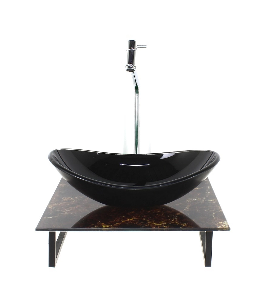 Kit Cuba De Vidro Oval 10mm Com Tampo De Vidro 40cm X 40cm Mármore Imperdador E Suporte Torneira Valvula