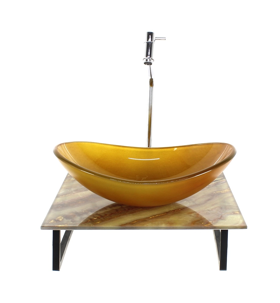 Kit Cuba De Vidro Oval 10mm Com Tampo De Vidro 40cm X 40cm Mármore Marfim E Suporte Torneira Valvula