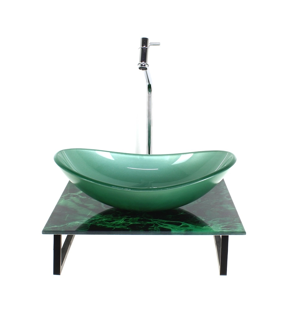 Kit Cuba De Vidro Oval 10mm Com Tampo De Vidro 40cm X 40cm Mármore Verde E Suporte Torneira Valvula