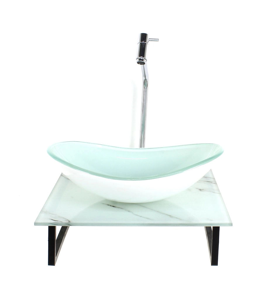Kit Cuba De Vidro Oval 10mm Com Tampo De Vidro 40cm X 40cm Mármore Branco E Suporte Torneira Valvula