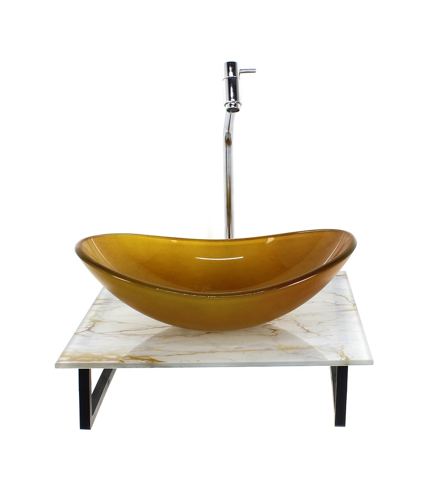 Kit Cuba De Vidro Oval 10mm Com Tampo De Vidro 40cm X 40cm Mármore Branco Dourado E Suporte Torneira Valvula