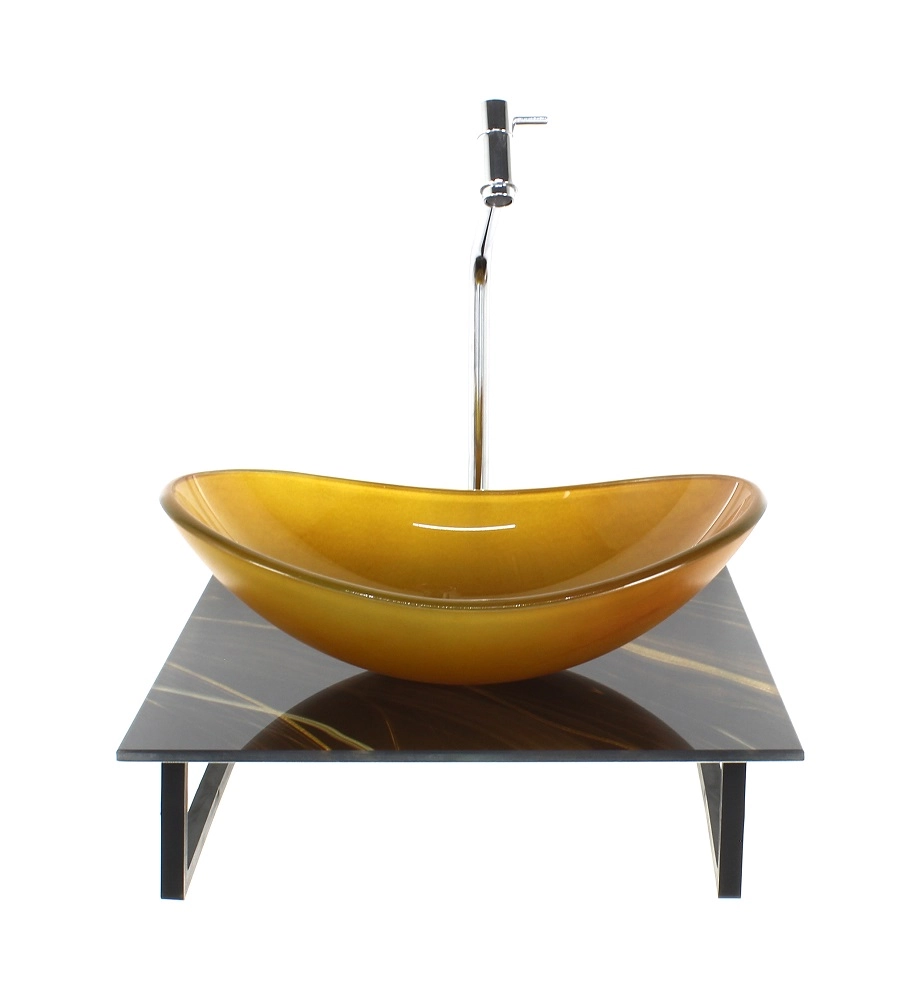 Kit Cuba De Vidro Oval 10mm Com Tampo De Vidro 40cm X 40cm Mármore Preto Dourado E Suporte Torneira Valvula