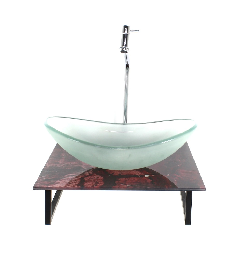 Kit Cuba De Vidro Oval 10mm Jateada Com Tampo De Vidro 40cm X 40cm Mármore Avermelhado E Suporte Torneira Valvula