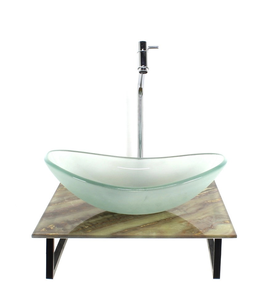 Kit Cuba De Vidro Oval 10mm Jateada Com Tampo De Vidro 40cm X 40cm Mármore Marfim E Suporte Torneira Valvula