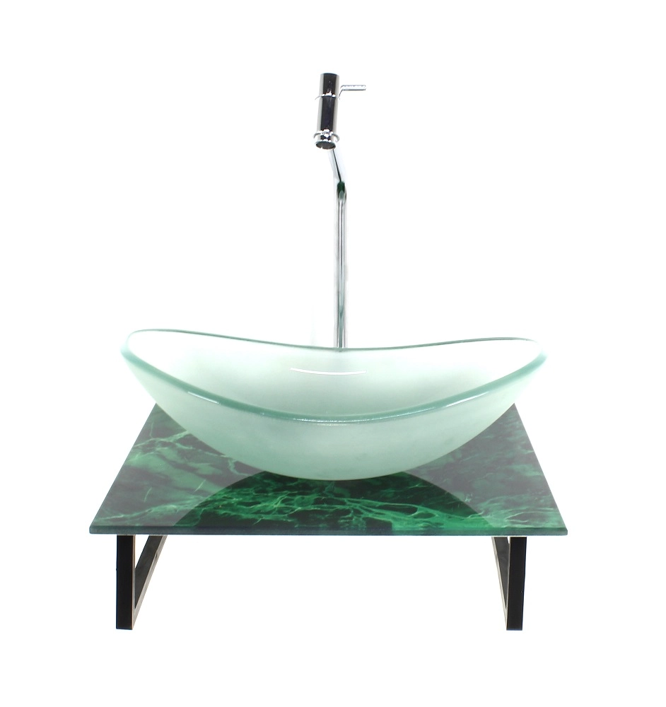 Kit Cuba De Vidro Oval 10mm Jateada Com Tampo De Vidro 40cm X 40cm Mármore Verde E Suporte Torneira Valvula