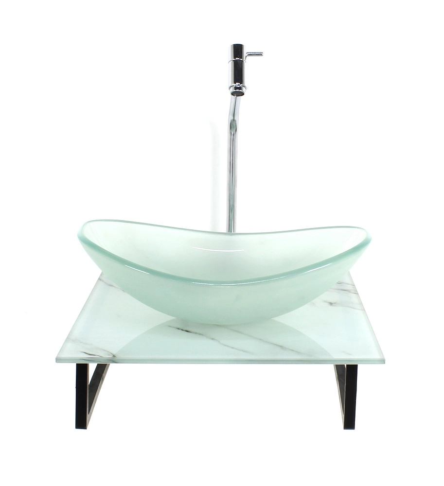 Kit Cuba De Vidro Oval 10mm Jateada Com Tampo De Vidro 40cm X 40cm Mármore Branco E Suporte Torneira Valvula