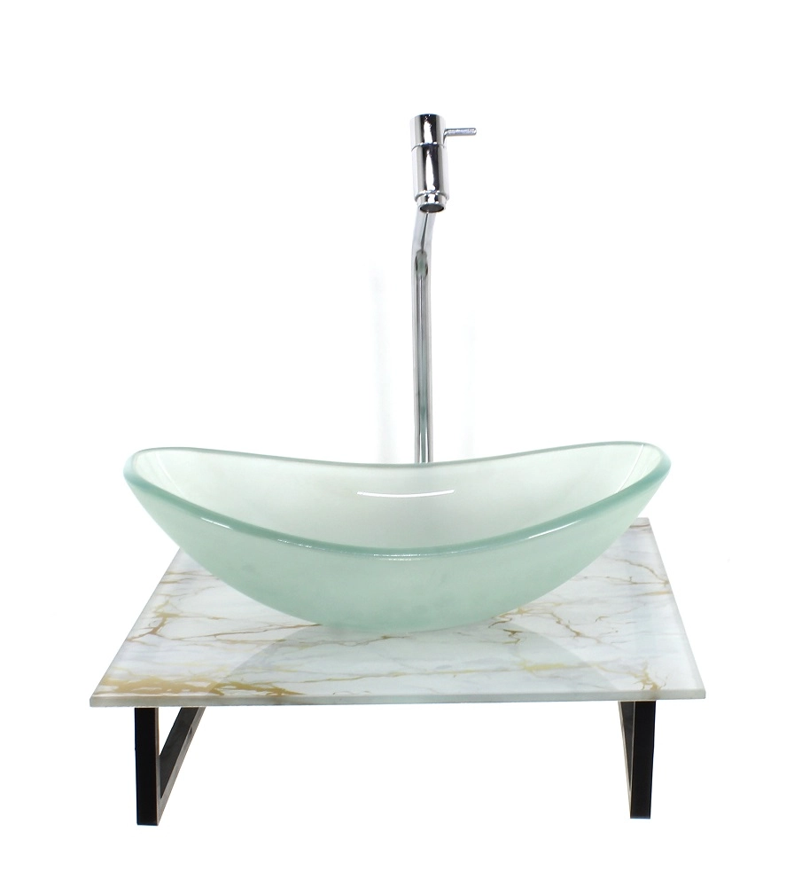 Kit Cuba De Vidro Oval 10mm Jateada Com Tampo De Vidro 40cm X 40cm Mármore Branco Dourado E Suporte Torneira Valvula