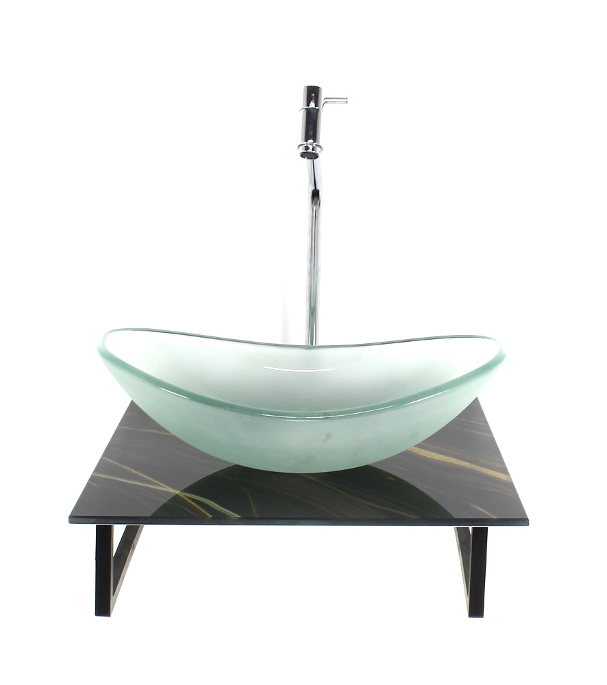 Kit Cuba De Vidro Oval 10mm Jateada Com Tampo De Vidro 40cm X 40cm Mármore Preto Dourado E Suporte Torneira Valvula