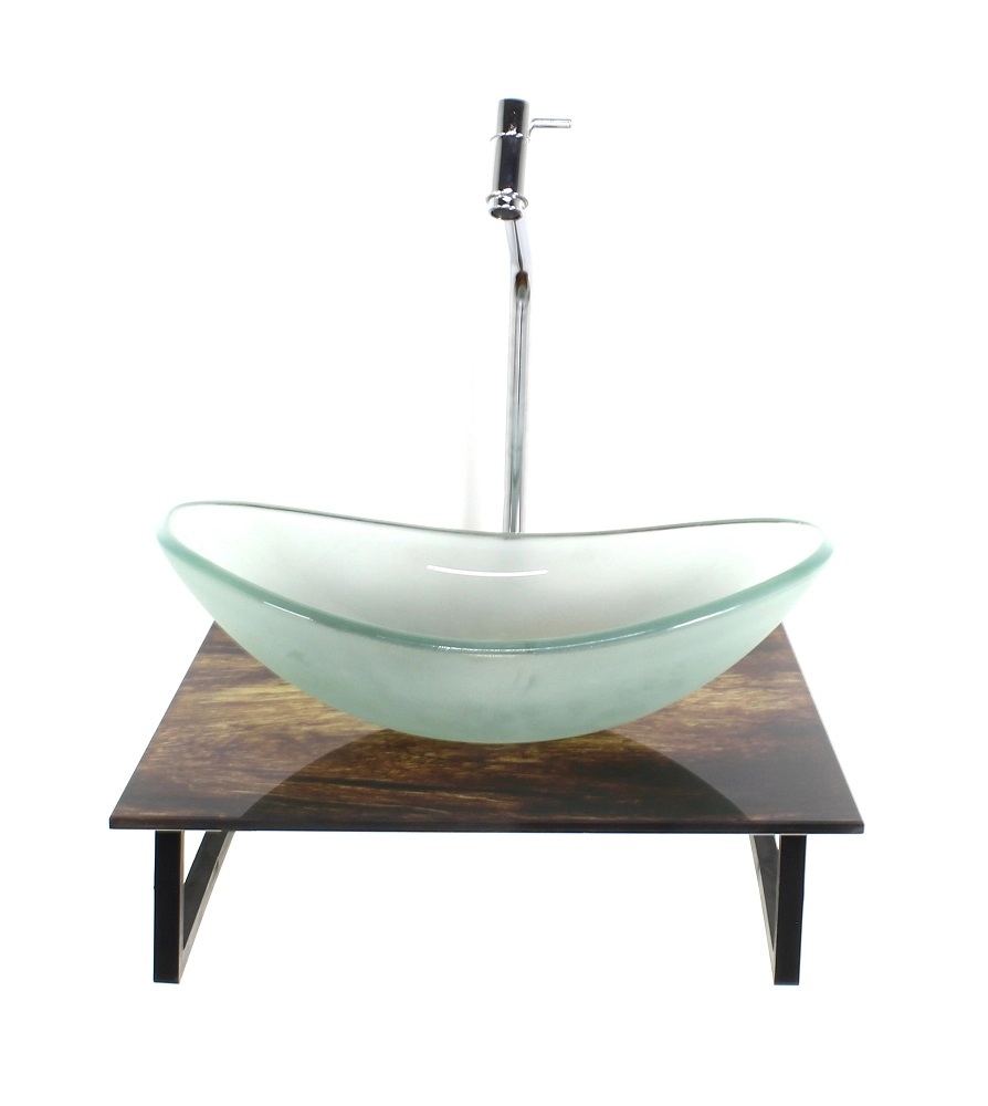 Kit Cuba De Vidro Oval 10mm Jateada Com Tampo De Vidro 40cm X 40cm Madeira Rustica E Suporte Torneira Valvula