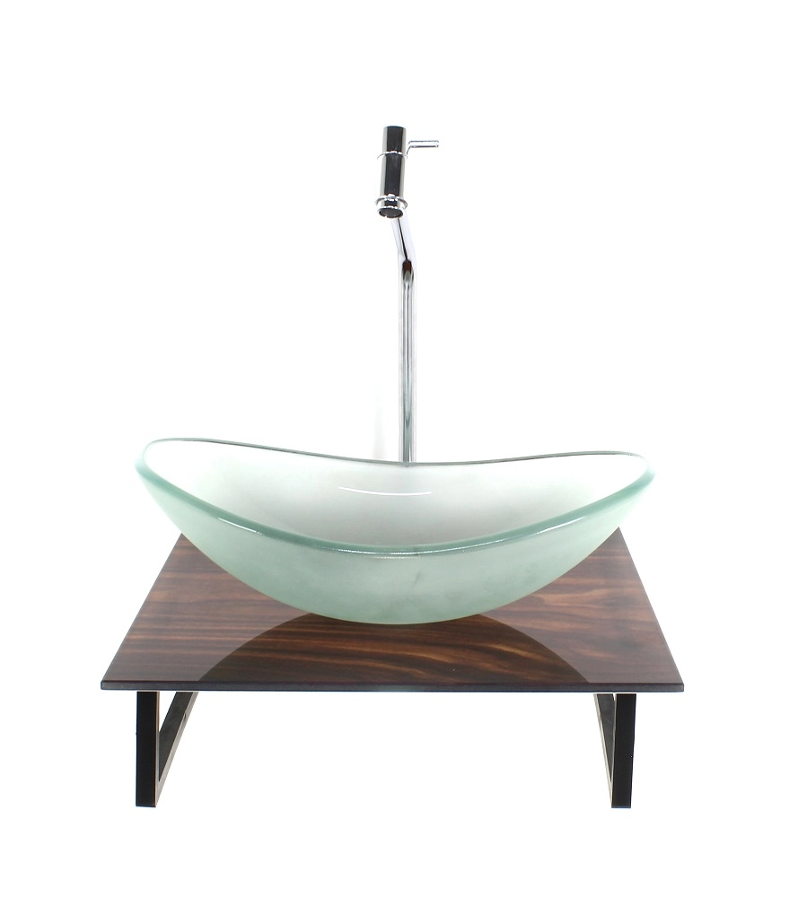 Kit Cuba De Vidro Oval 10mm Jateada Com Tampo De Vidro 40cm X 40cm Madeira Nogueira E Suporte Torneira Valvula
