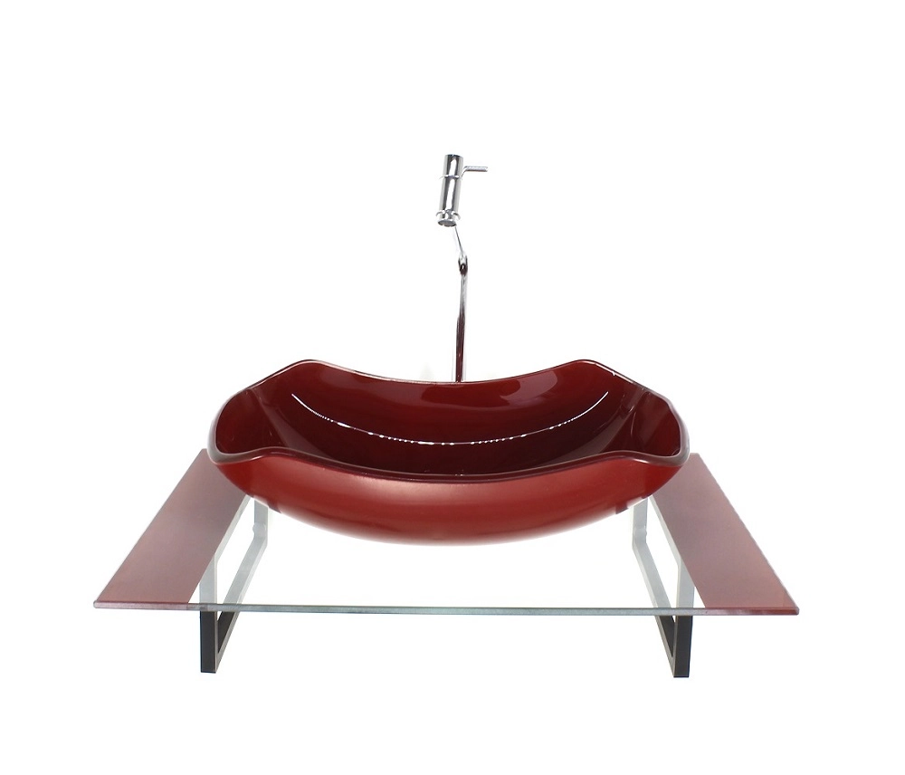 Kit Cuba De Vidro Abaulada Com Tampo 60cm Vermelho Cereja E Suporte Preto
