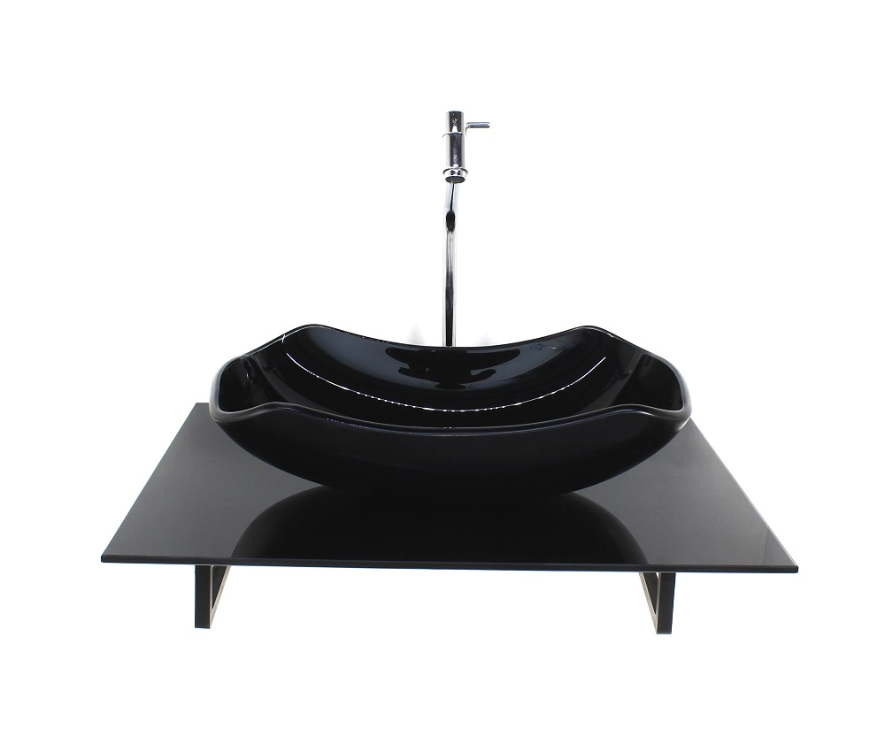Kit Cuba De Vidro Abaulada Com Tampo 60cm Preto Full E Suporte Preto