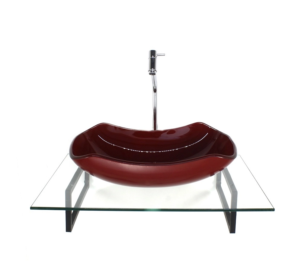 Kit Cuba De Vidro Abaulada Vermelho Cereja Com Tampo 60cm Incolor E Suporte Preto