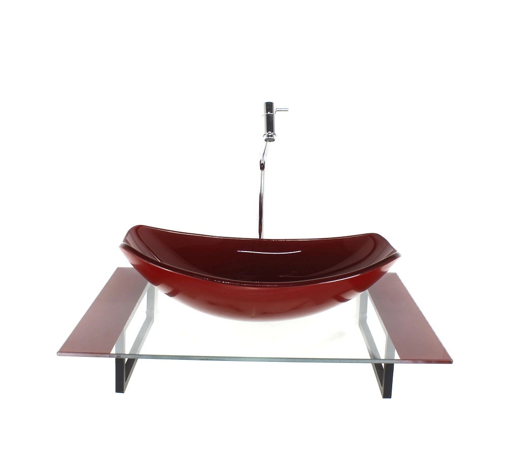 Kit Cuba De Vidro Oval Chanfrada Com Tampo 60cm Vermelho Cereja E Suporte Preto