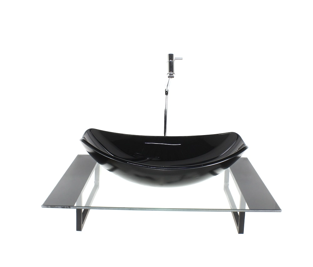 Kit Cuba De Vidro Oval Chanfrada Com Tampo 60cm Preto E Suporte Preto