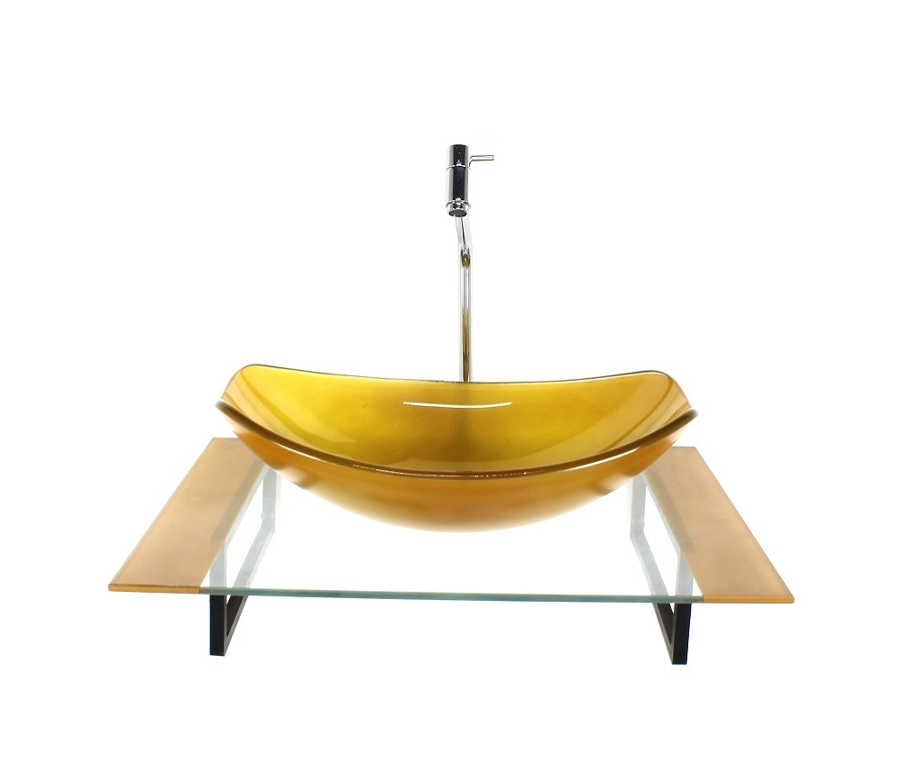 Kit Cuba De Vidro Oval Chanfrada Com Tampo 60cm Dourado Real E Suporte Preto