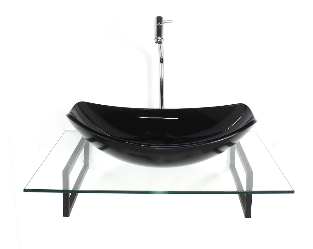 Kit Cuba De Vidro Oval Chanfrada Branca Com Tampo 60cm Incolor E Suporte Preto