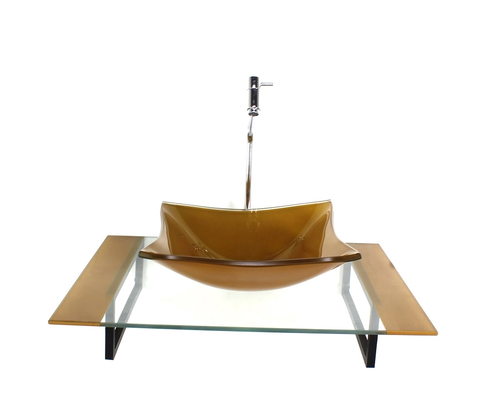 Kit Cuba De Vidro Quadrada Com Tampo 60cm Dourado Real E Suporte Preto