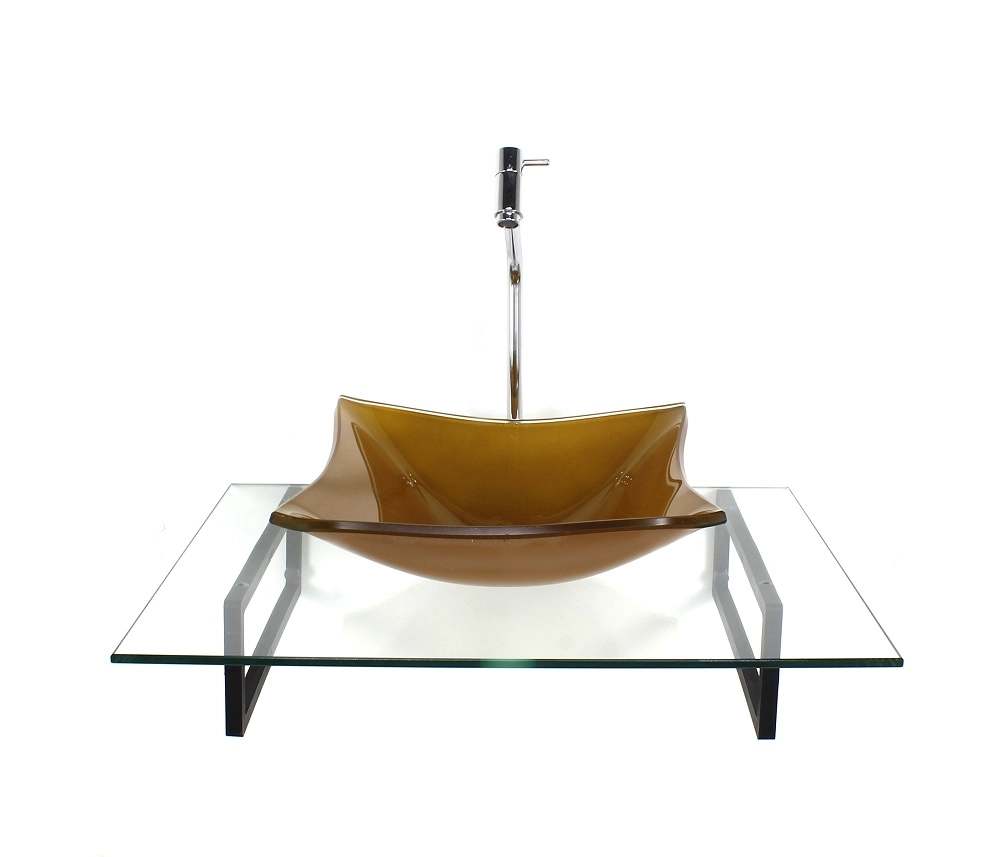 Kit Cuba De Vidro Quadrada Dourado Real Com Tampo 60cm Incolor E Suporte Preto