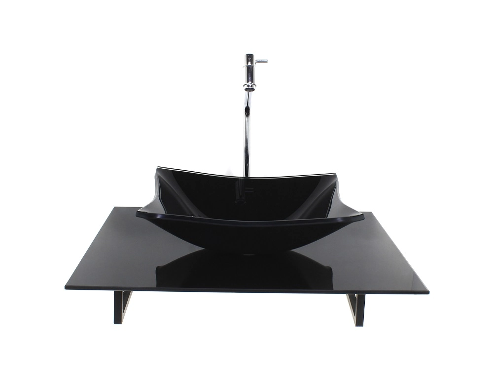 Kit Cuba De Vidro Retangular Com Tampo 60cm Preto Full E Suporte Preto