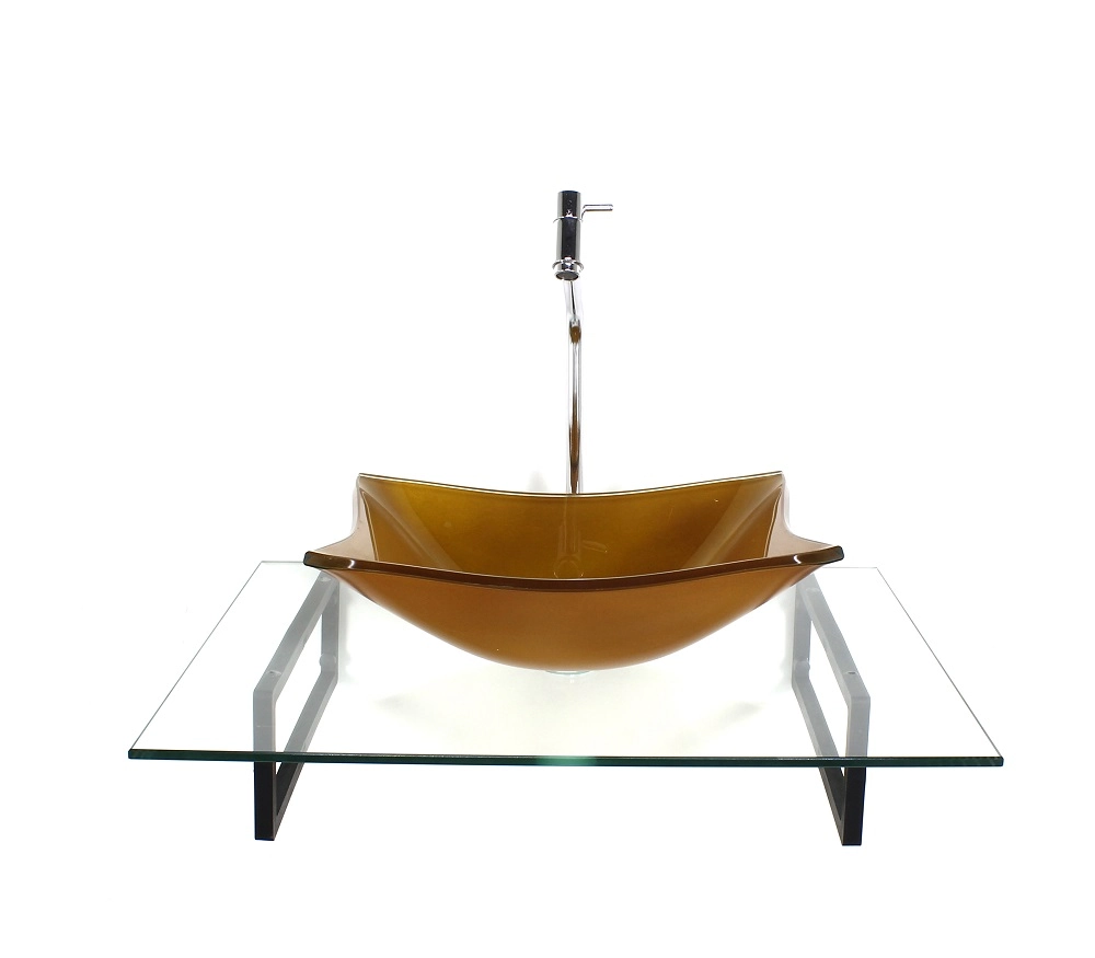 Kit Cuba De Vidro Retangular Dourado Real Com Tampo 60cm Incolor E Suporte Preto