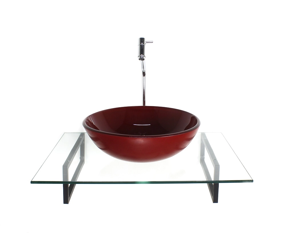 Kit Cuba De Vidro Redonda Vermelho Cereja Com Tampo 60cm Incolor E Suporte Preto