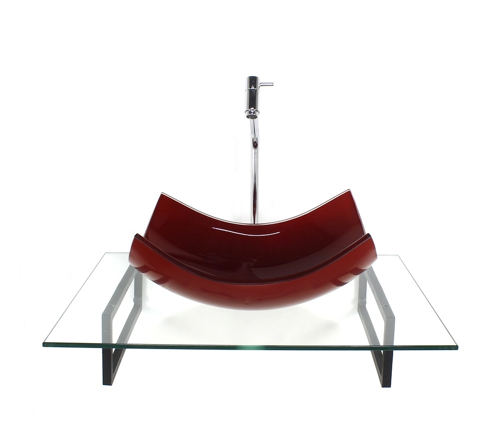 Kit Cuba De Vidro Retangular Curvada Vermelho Cereja Com Tampo 60cm Incolor E Suporte Preto