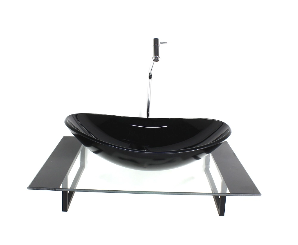 Kit Cuba De Vidro Oval Com Tampo 60cm Preto E Suporte Preto