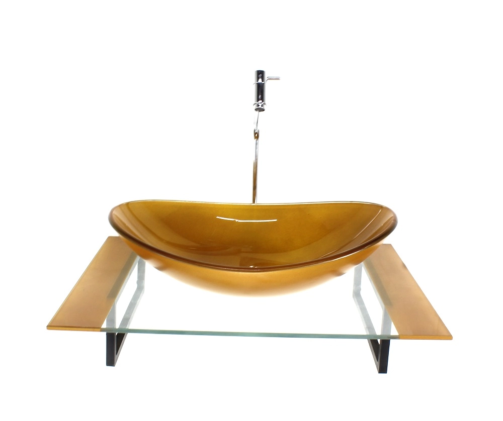 Kit Cuba De Vidro Oval Com Tampo 60cm Dourado Real E Suporte Preto