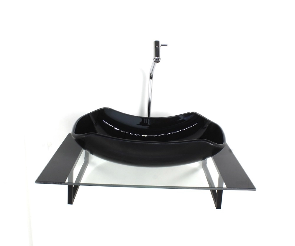 Kit Cuba De Vidro Abaulada Com Tampo 60cm Preto E Suporte Torneira Valvula