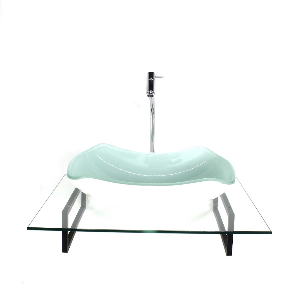 Kit Cuba De Vidro Abaulada Branca Com Tampo 60cm Incolor E Suporte Torneira Valvula