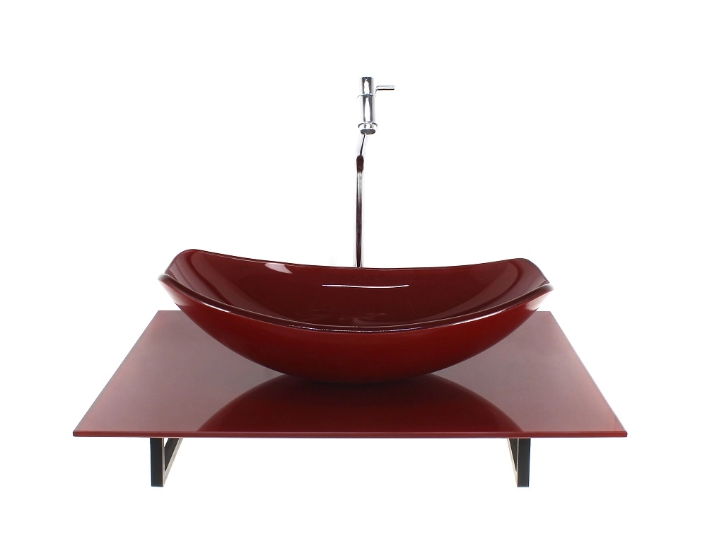 Kit Cuba De Vidro Oval Chanfrada Com Tampo 60cm Vermelho Cereja Full E Suporte Torneira Valvula