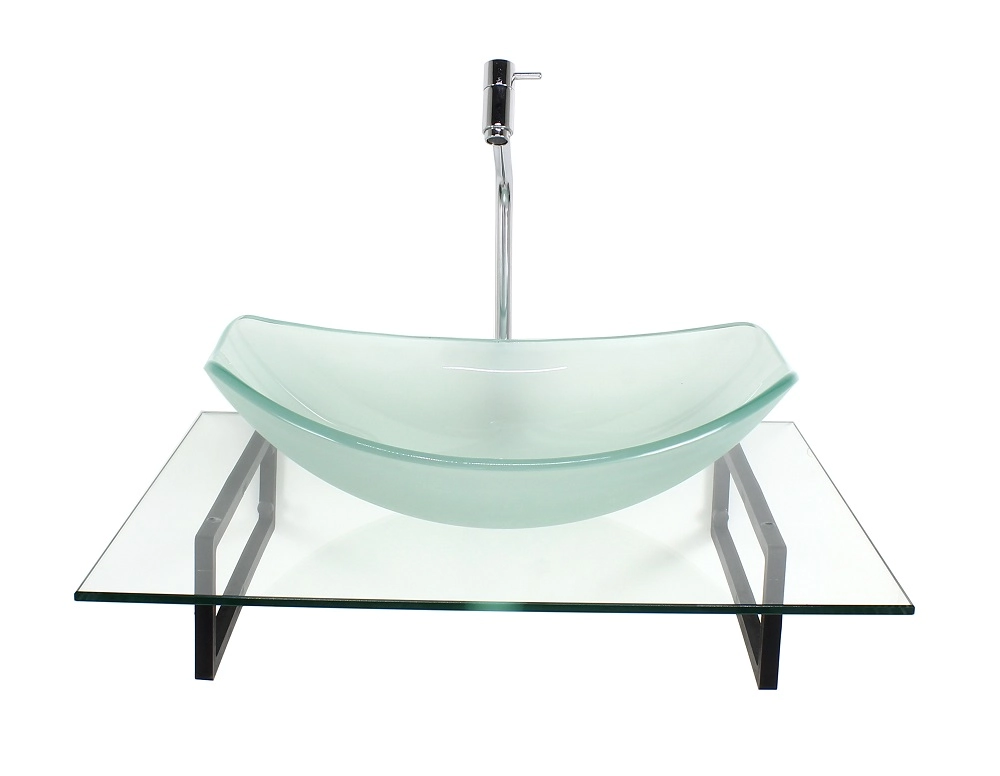 Kit Cuba De Vidro Oval Chanfrada Jateada Com Tampo 60cm Incolor E Suporte Torneira Valvula