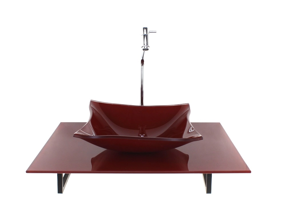 Kit Cuba De Vidro Quadrada Com Tampo 60cm Vermelho Cereja Full E Suporte Torneira Valvula