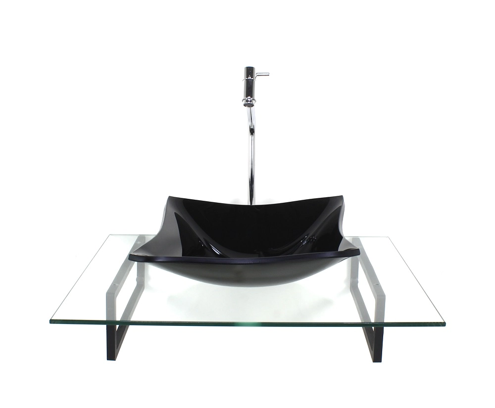 Kit Cuba De Vidro Quadrada Preta Com Tampo 60cm Incolor E Suporte Torneira Valvula
