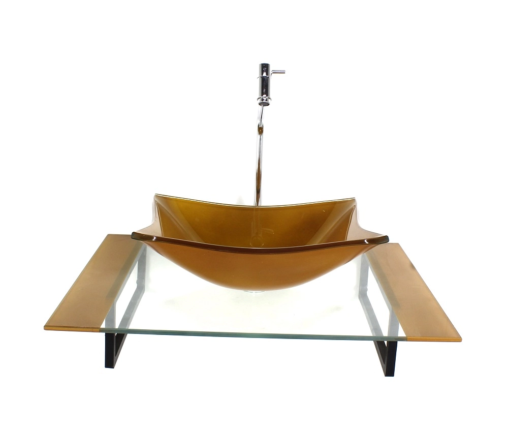 Kit Cuba De Vidro Retangular Com Tampo 60cm Dourado Real E Suporte Torneira Valvula