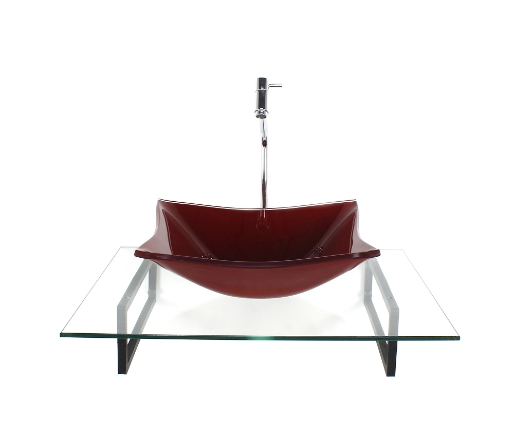 Kit Cuba De Vidro Retangular Vermelho Cereja Com Tampo 60cm Incolor E Suporte Torneira Valvula