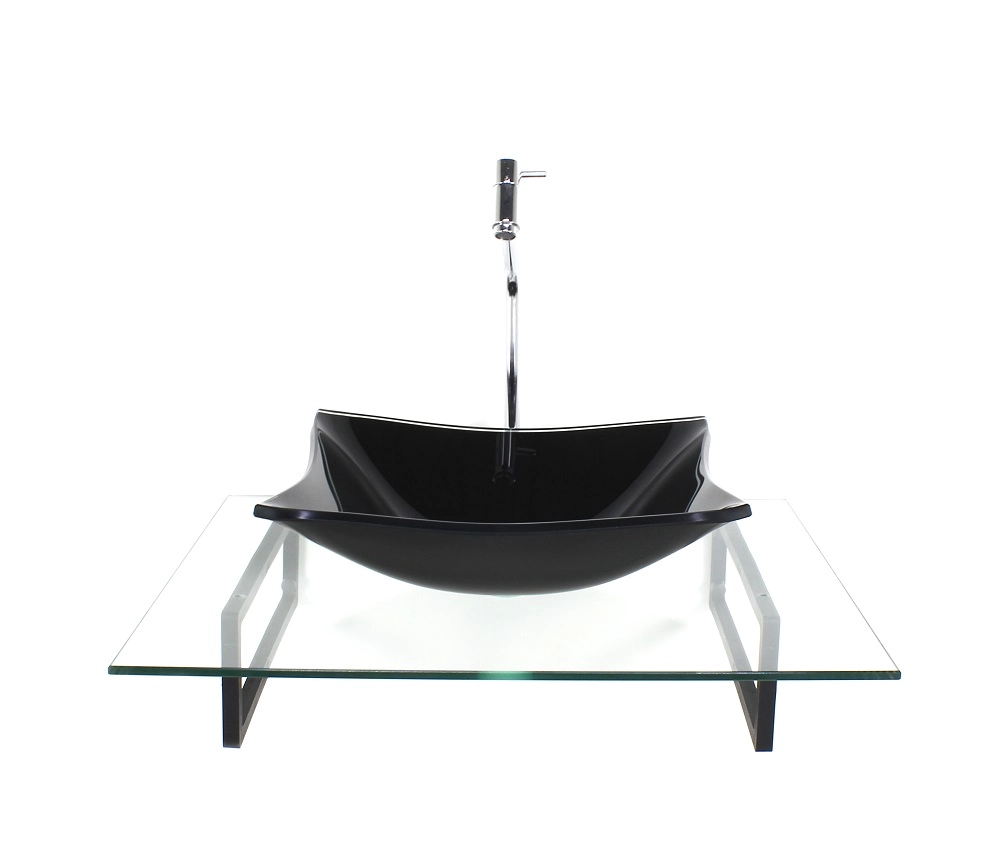 Kit Cuba De Vidro Retangular Preta Com Tampo 60cm Incolor E Suporte Torneira Valvula